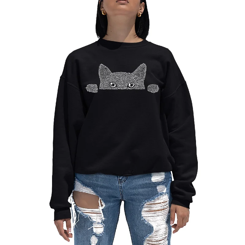 Peeking Cat  - Women's Word Art Crewneck Sweatshirt Hoodie with V-Neck Classic Versatile