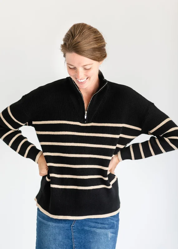 Nova Taupe Striped Black Quarter Zip Sweater - FINAL SALE Plaid Sweater Polka Dot Checkered