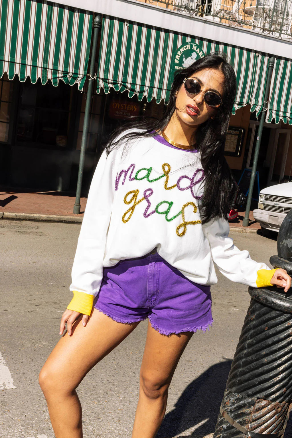 Colorblock Mardi Gras Glitter Script Sweater- White (Women's) Open Front Closed Front Wrap Front