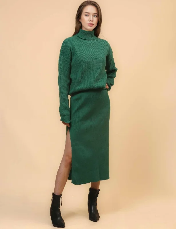 Ladies Turtleneck Pullover with Split Skirt Sweater Set SKST4706 High Neck Crew Neck V-Neck