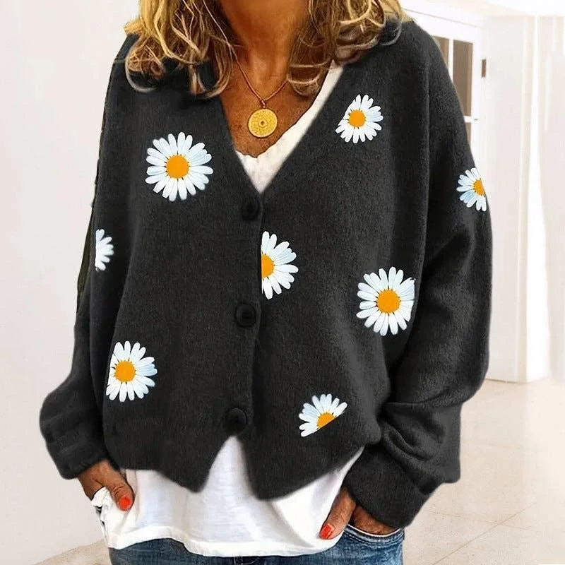 Ladies Sun Flower V-Neck Long Sleeves Sweater 2369 Hooded Caped Shawl Collar