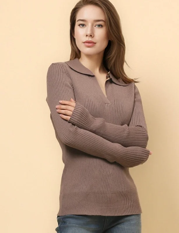 Ladies Solid Color Polo Neck Rib Knit Pullover Sweater SKT4790 Mesh Sweater Canvas Denim