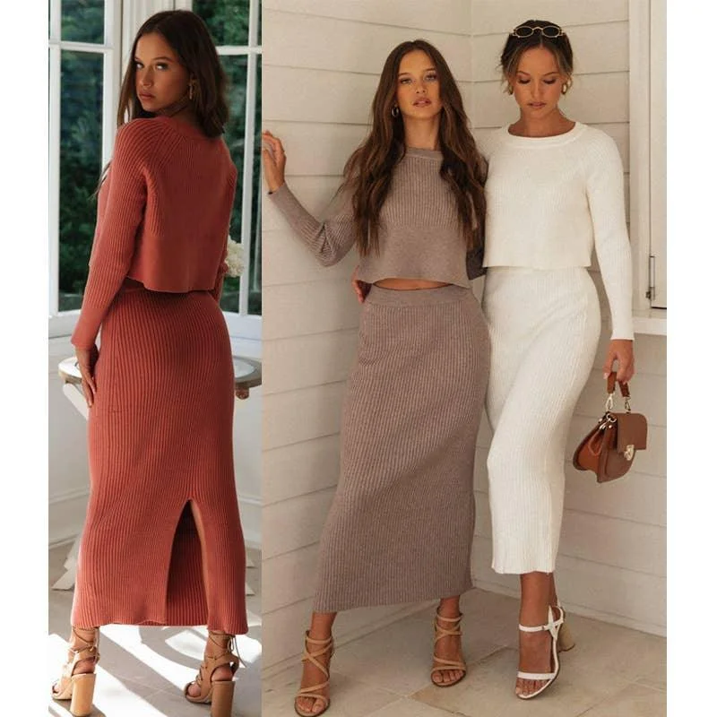 Solid Color Top & Skirt 2PCS Kintted Set Sweater Set HL7300 Turtle Neck Boat Neck Asymmetrical Neck