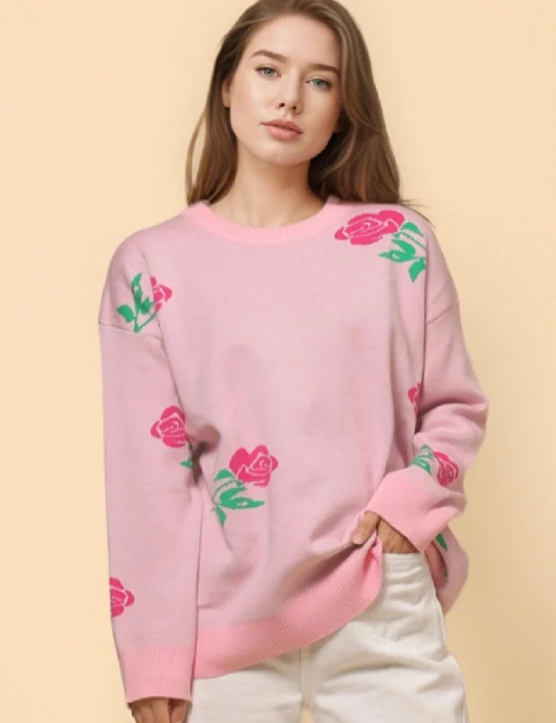 Ladies Rose Knit Round Neck Daily Pullover Sweater SKT4792 Spandex Blend Rayon Blend Denim Blend