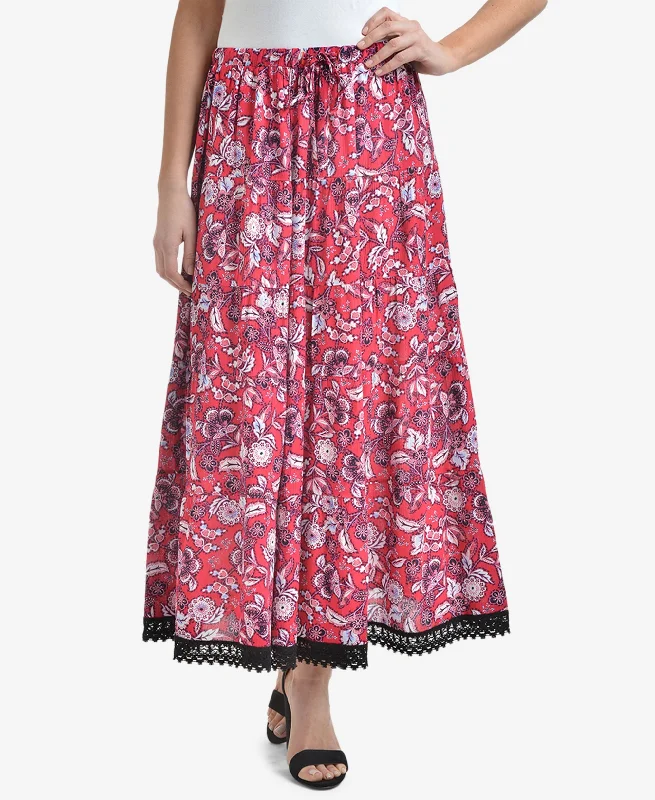 NY Collection Printed Tiered Crochet Trim Midi Skirt cashmere skirt fine