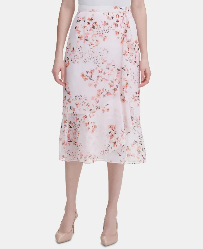 Calvin Klein Ruffled Floral Print Midi Skirt cashmere skirt soft