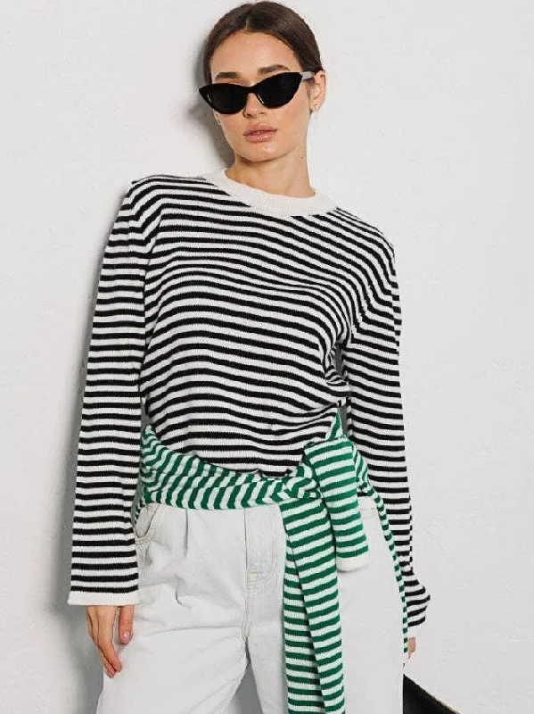 Round Neck Stripe Long Sleeves Sweater MY0033 Stretchy Elastic Breathable