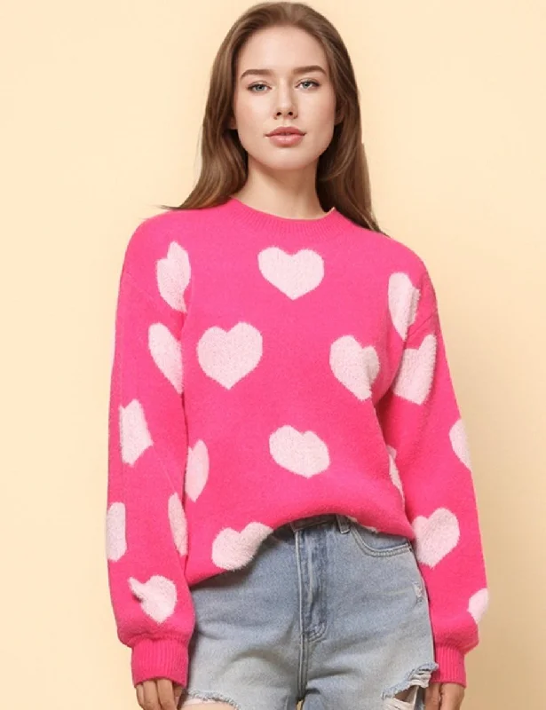 Ladies Color Block Heart Pullover Sweater SKT4744 Collared Crew Neck Turtle Neck