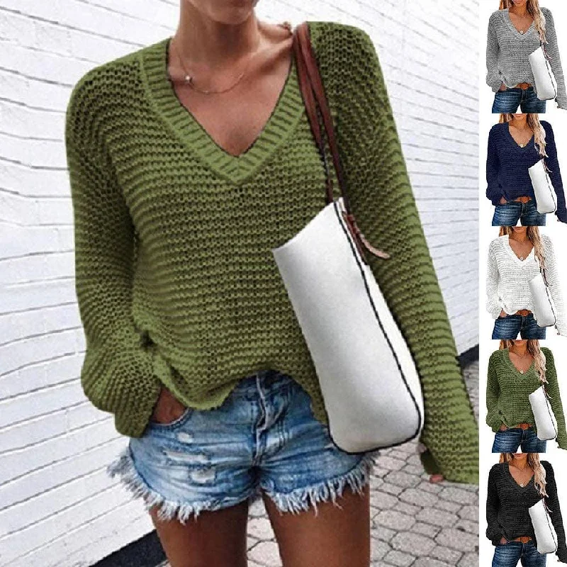 Ladies V-Neck Solid Loose Long Sleeves Sweater HC0159 Fitted Loose Oversized