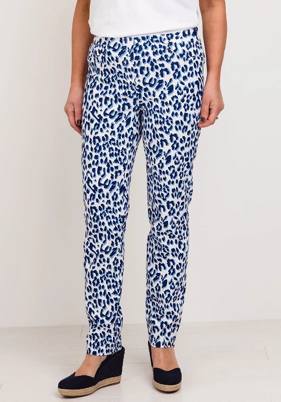 Robell Bella Animal Print Full Length Stretch Trousers, Navy Trousers Palazzo Wide Leg