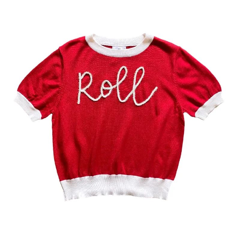 "Roll" Short Sleeve Glitter Script Sweater- Red Seamless Knitted Crochet