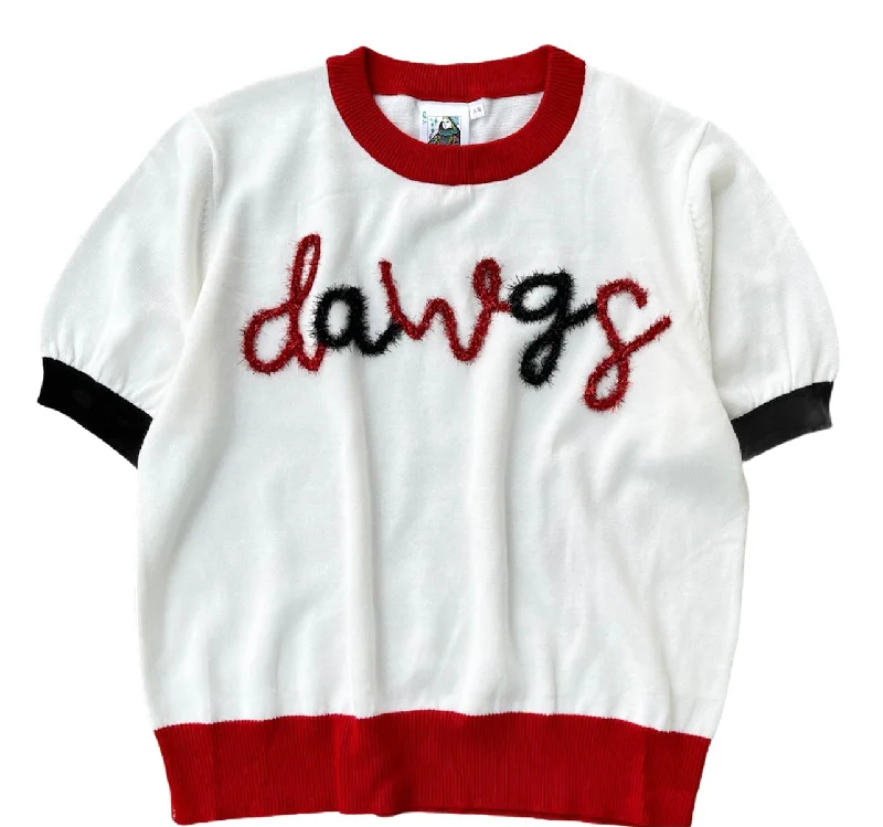 White/Red/Black 'Dawgs' Short Sleeve Glitter Script Sweater Stylish Fashionable Trendy