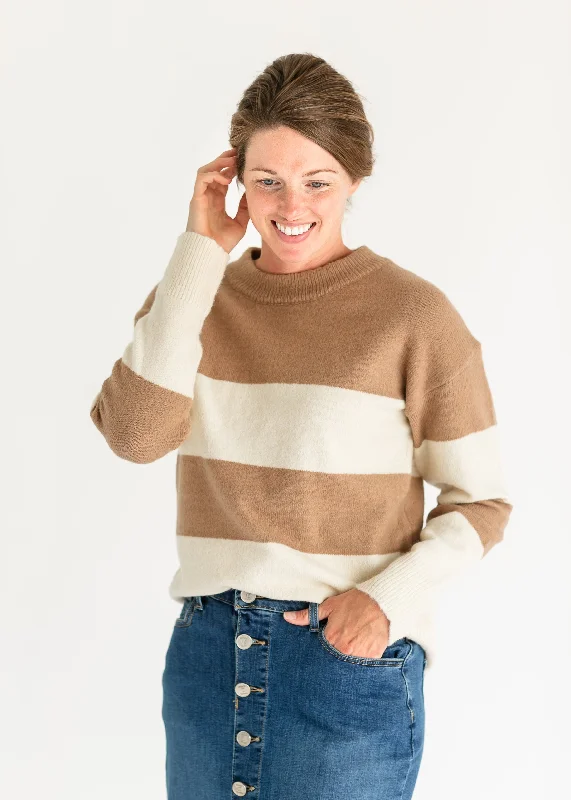 Lyra Camel Bold Stripe Crewneck Sweater - FINAL SALE Chenille Fabric Brocade Fabric Lace Fabric