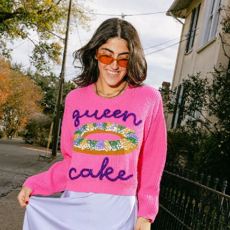 Queen Cake Sweater- Neon Pink (Women's) Solid Color Striped Floral Print