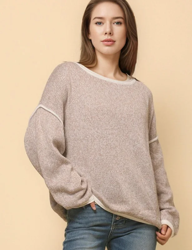 Ladies Color Block Round Neck Pullover Sweater SKT4773 Iron Safe Non-Iron Wrinkle Free