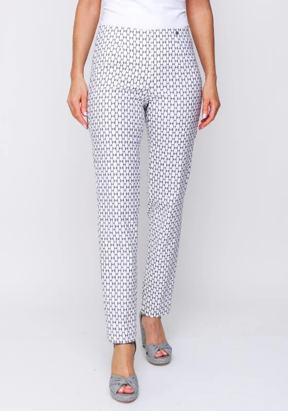 Robell Marie Printed Full Length Stretch Trouser, Cream Trousers Capri Summer