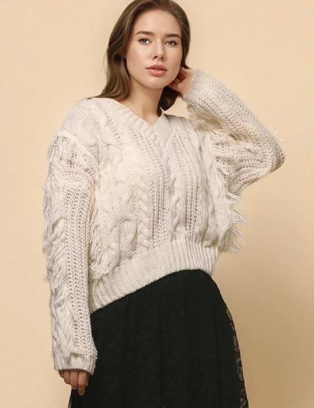 Ladies V-Neck Long Sleeve Tassels Pullover Sweater SKT4758 Thin Thick Dense