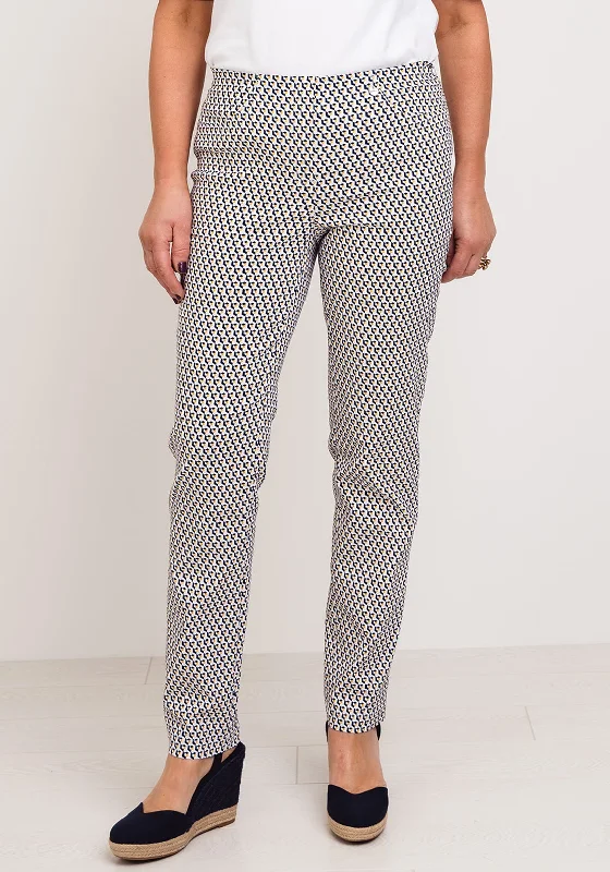 Robell Bella Geo Print Full Length Stretch Trousers, Navy Trousers Leisure Comfortable