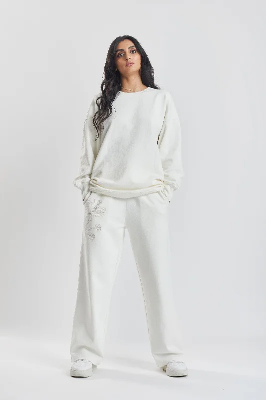 Salix blossom-embroidered cotton sweatshirt - Moonlight White Hoodie with Slim Fit Tailored Modern