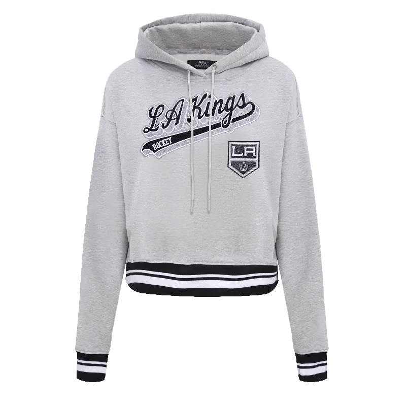 NHL LOS ANGELES KINGS SCRIPT TAIL WOMEN'S RIB FLC CROPPED PO HOODIE (HEATHER GRAY/BLACK) Hoodie with Embroidery Detailed Premium