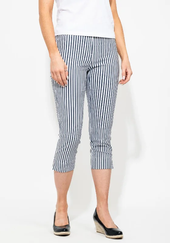 Robell Rose 07 Cropped & Striped Stretch Trouser, White & Navy Trousers Flared Retro