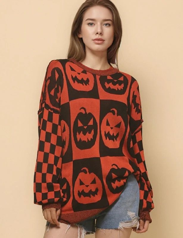 Ladies Halloween Color Block Ghost Pullover Sweater SKT4779 Solid Print Embellished