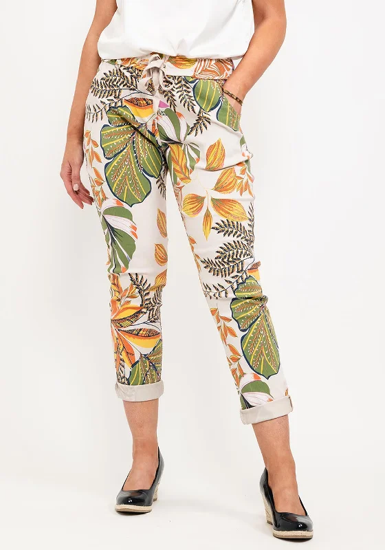 Seventy1 One Size Tropical Slim Capri Trousers, Beige Multi Trousers New Arrival