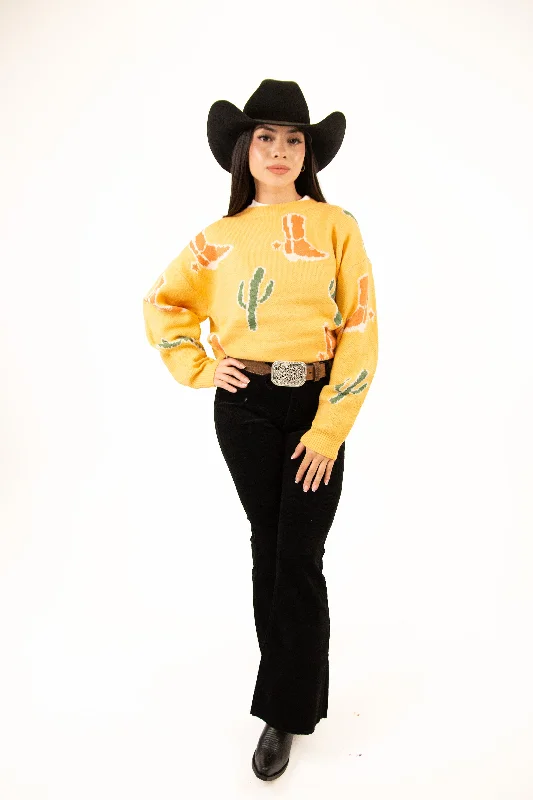 Aubrey Cactus Boots And Cactus Patched Pullover Sweater Collared Crew Neck Turtle Neck