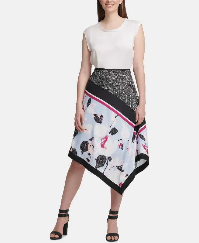 DKNY Mixed Print Asymmetrical Skirt silk skirt lustrous