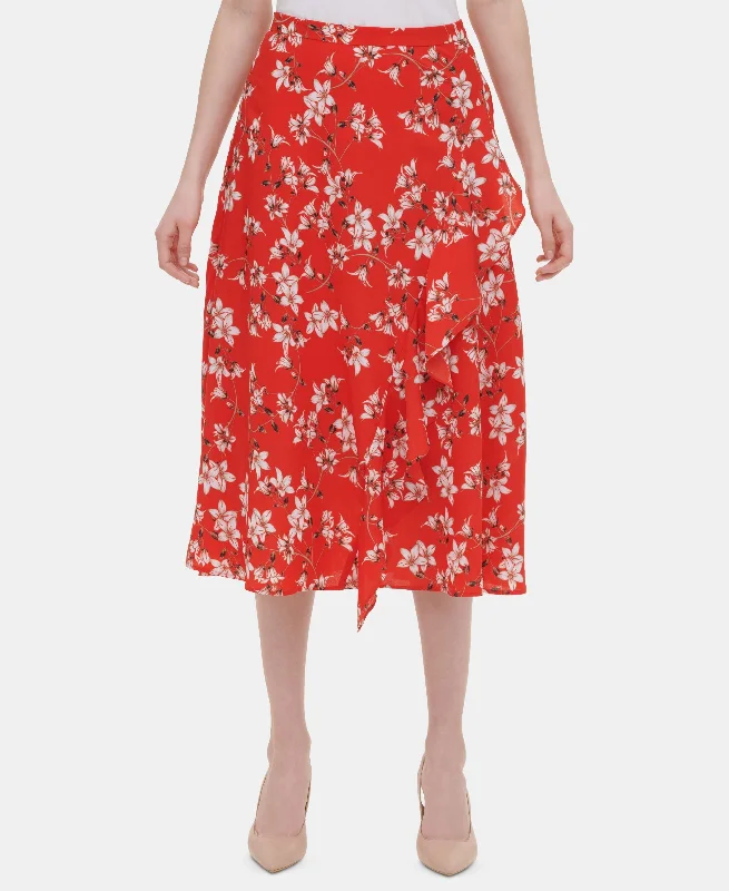 Calvin Klein Printed Ruffled Midi Skirt silk skirt lustrous