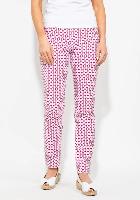 Robell Marie Printed Full Length Stretch Trouser, White & Pink Trousers Capri Summer