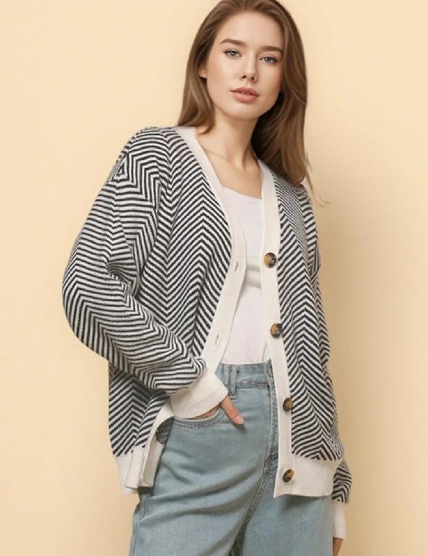 Ladies V-Neck Striped Cardigan Sweater Coat SKT4772 Print Jacquard Patchwork