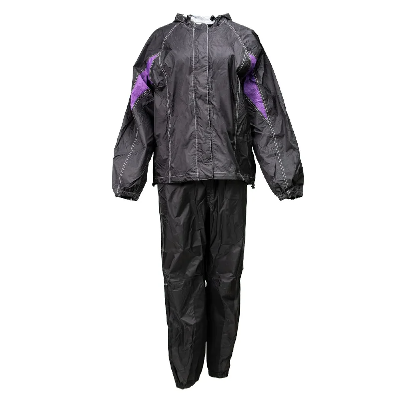 Milwaukee Leather MPL9607 Women's Black and Purple Water Resistant Rain Suit w/ Reflective Material and Hoodie Hoodie with Puffed Sleeves Voluminous Trendy