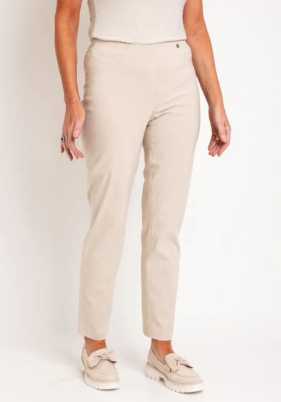 Robell Bella Full Length Stretch Trouser, Beige Trousers Elastic Waist Soft