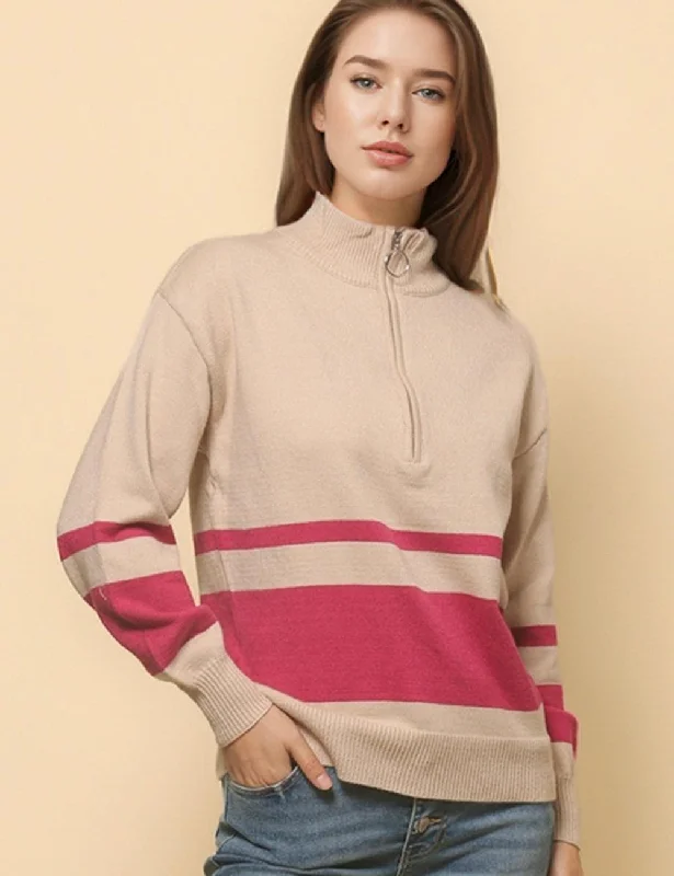 Ladies Zip Stand Collar Pullover Sweater SKT4777 Glossy Satin Silk