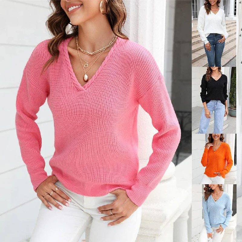 Ladies Solid Long Sleeves V-Neck Sweater T9240 Chenille Blend Fleece Blend Nylon Blend