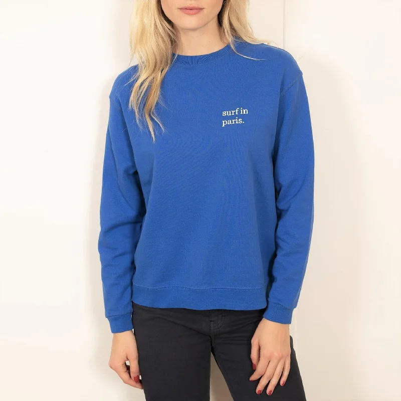 Surf in Paris Embroidered Sweatshirt (Blue) Hoodie with Raw Hem Edgy Unfinished