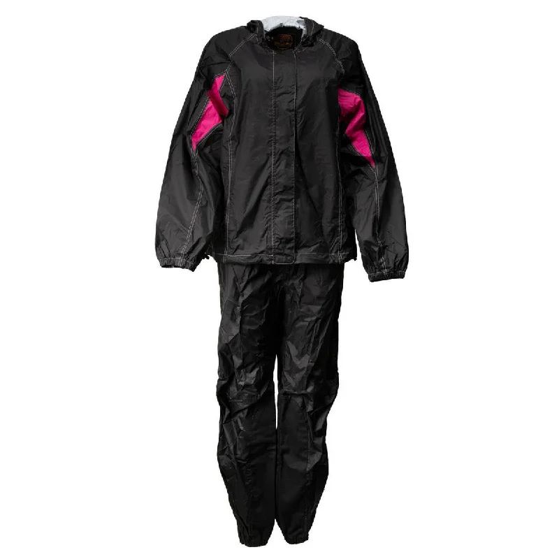 Milwaukee Leather MPL9607 Women's Black and Fuchsia Water Resistant Rain Suit w/ Reflective Material and Hoodie Hoodie with Cuffed Sleeves Snug Secure