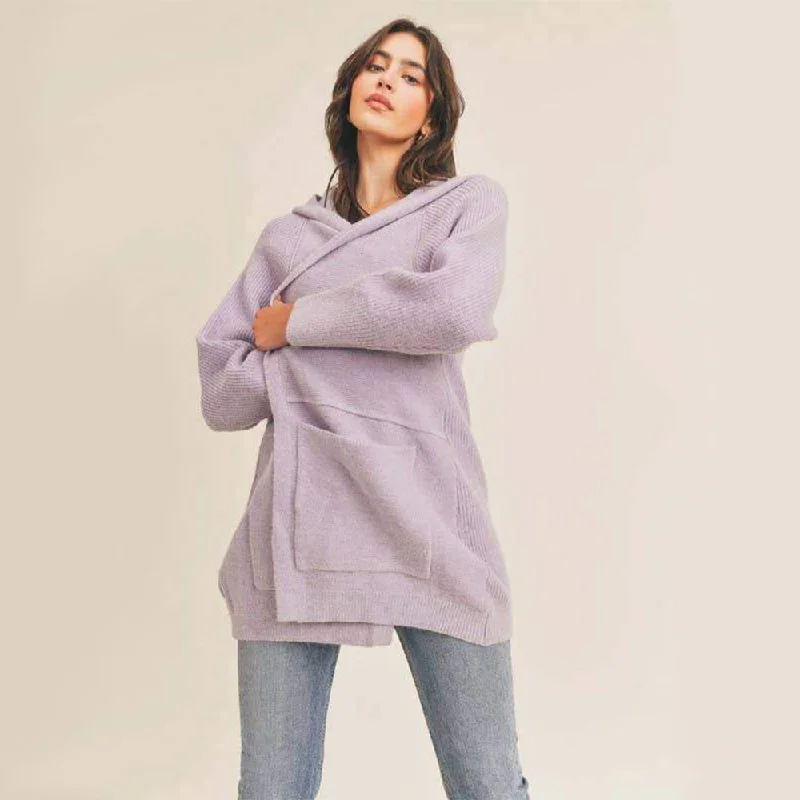 Front Pocket Cardigan With Hoodie (Lavender) Hoodie with Stripes Bold Sporty