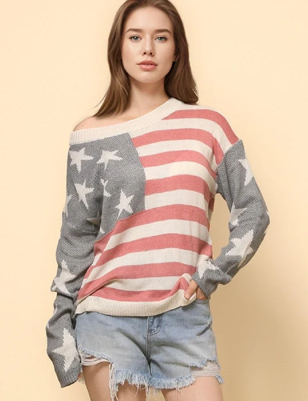 Ladies The Stars and The Stripes Pullover Sweater SKT4748 Jersey Fabric Tulle Fabric Batik Fabric