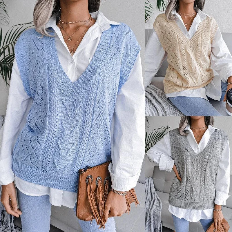 Ladies Solid Sleeveless V-Neck Sweater Vest 2027 Toggled Drawstring Belted