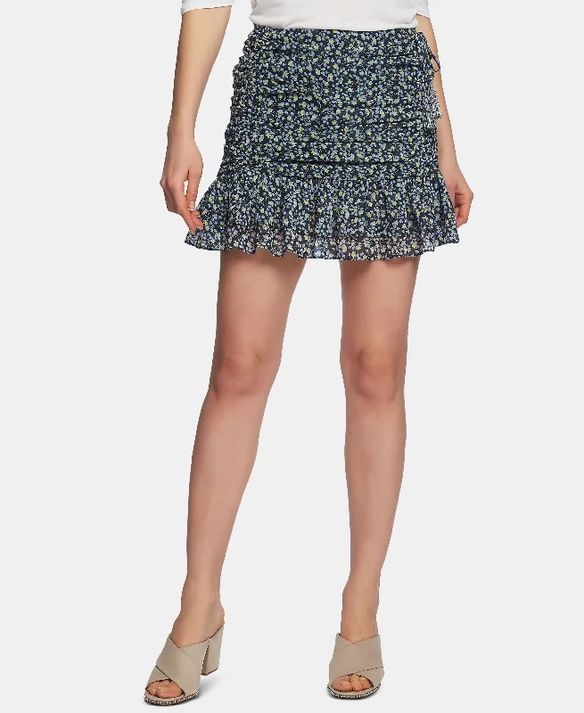 Cascading Calico Ruched-Seam Skirt denim skirt stylish