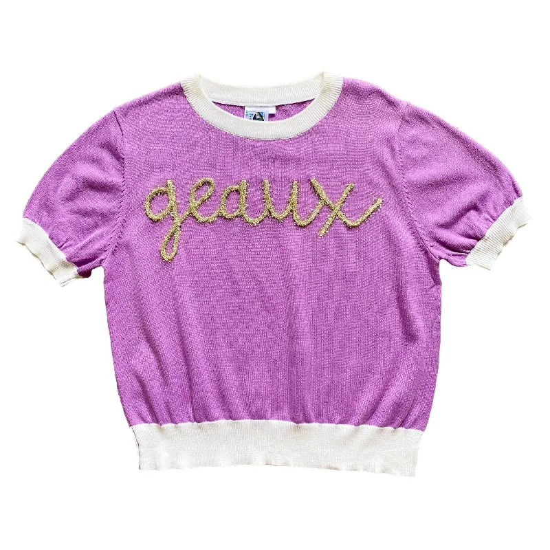 "Geaux" Short Sleeve Glitter Script Sweater- Purple Lightweight Heavyweight Midweight