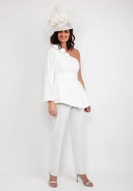 Casting One Shoulder Top & Trouser Outfit, White Trousers Summer Linen