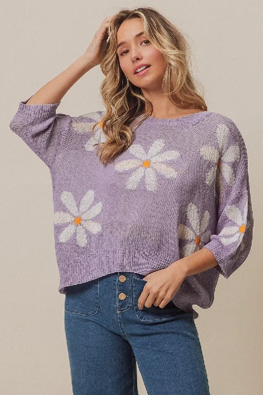 Women's Sweater Top Floral Pattern Print Jacquard Patchwork