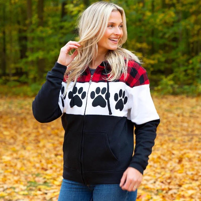 Paw Print Plaid Zip Hoodie Hoodie with Monochrome Minimalist Simple