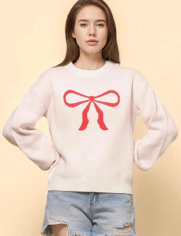 Ladies Color Block Bowknot Pullover Sweater SKT4745 Machine Wash Dry Clean Hand Wash