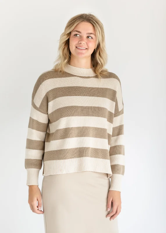 Nella Taupe Bold Stripe Knit Sweater - FINAL SALE Beaded Sweater Sequined Faux Fur