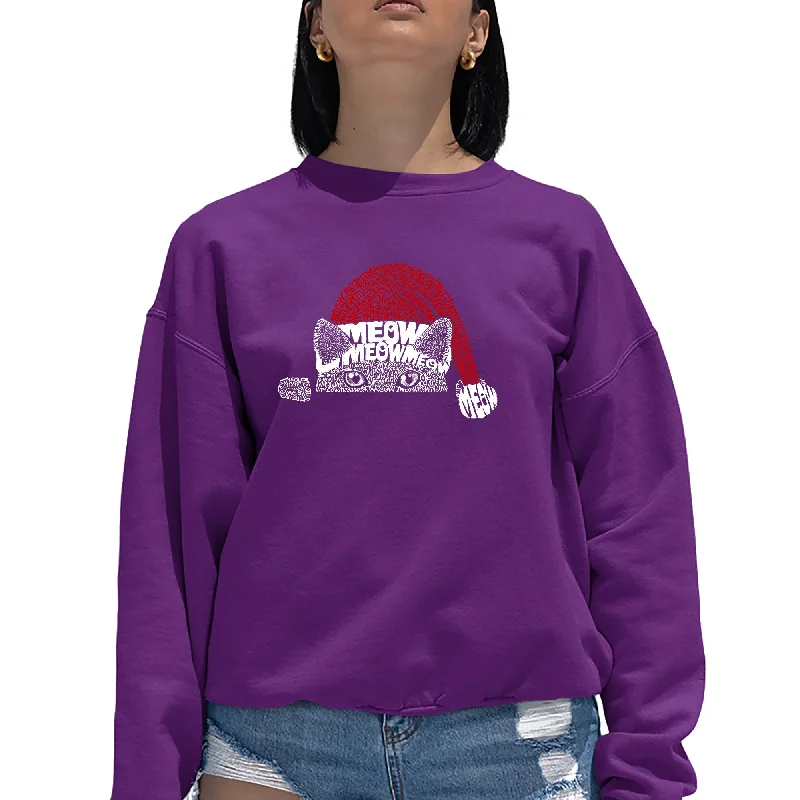 Christmas Peeking Cat - Women's Word Art Crewneck Sweatshirt Hoodie with Hem Frayed Vintage Worn