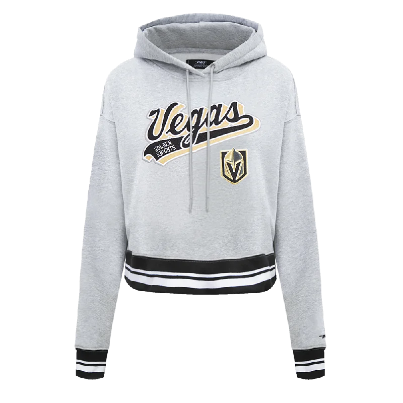 NHL VEGAS GOLDEN KNIGHTS SCRIPT TAIL WOMEN'S RIB FLC CROPPED PO HOODIE (HEATHER GRAY/BLACK) Hoodie with Print Artistic Unique